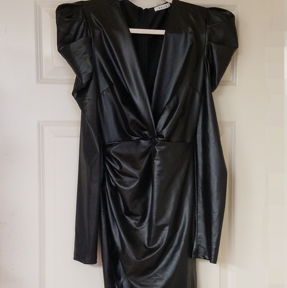 NWT VOILA Faux Leather Long Sleeve Rushed Front Wrap Mini Dress M - Picture 6 of 16